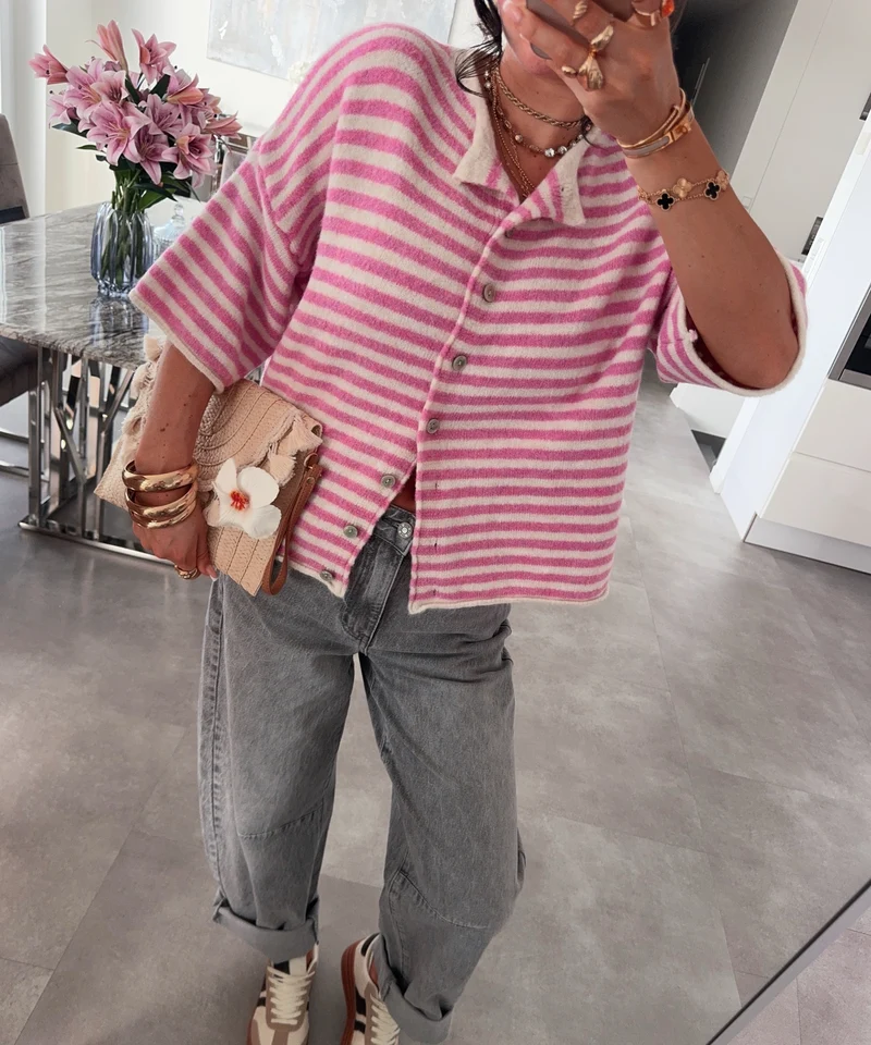 Kurzarm Cardigan Lillith Streifen Rosa