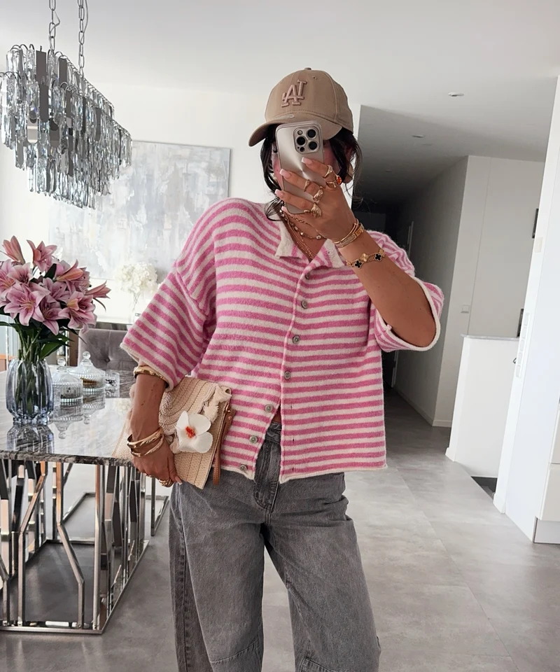 Kurzarm Cardigan Lillith Streifen Rosa