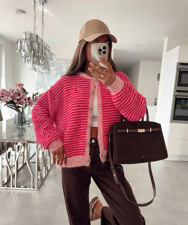 Cardigan Nero Streifen Rot Pink