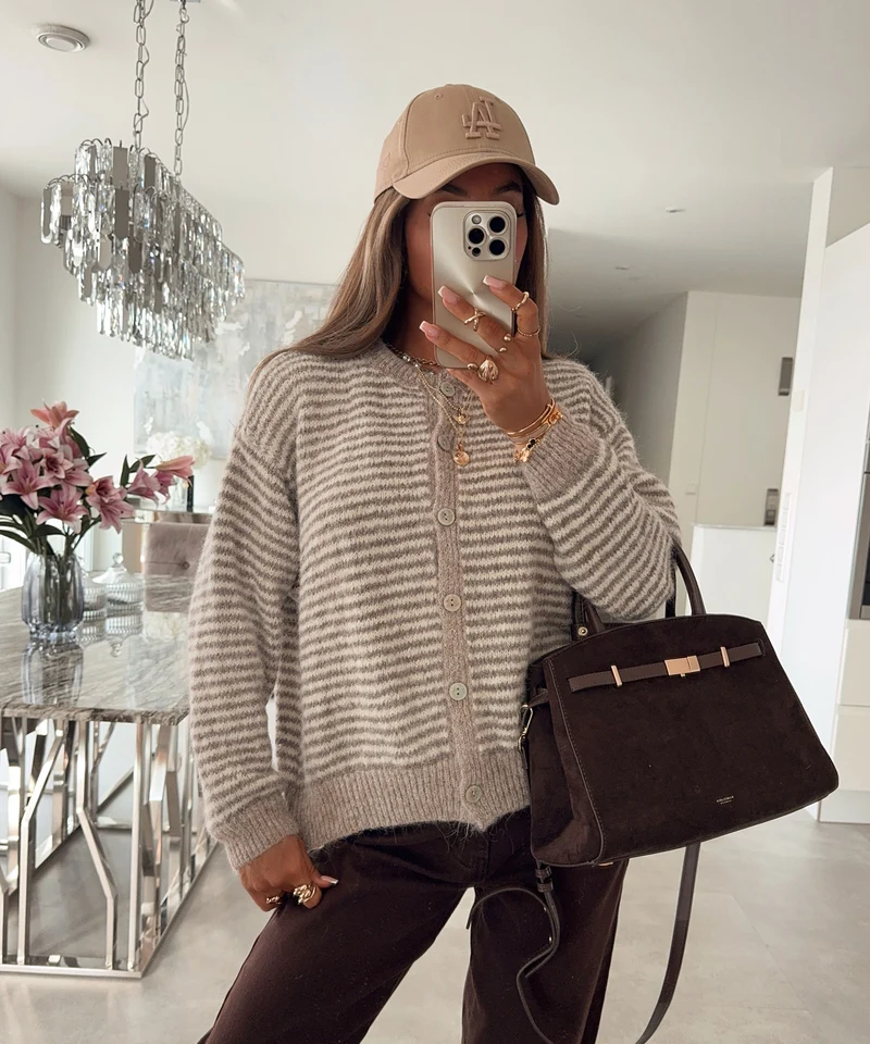 Cardigan Nero Streifen Taupe