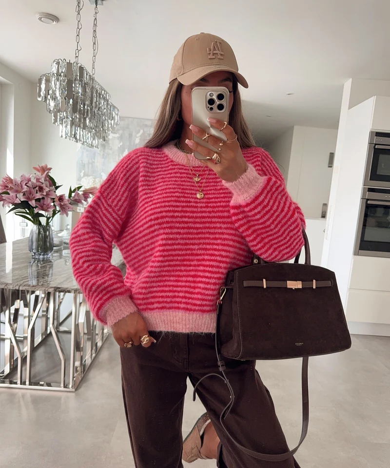 Strickpullover Nero Streifen Rot Rosa