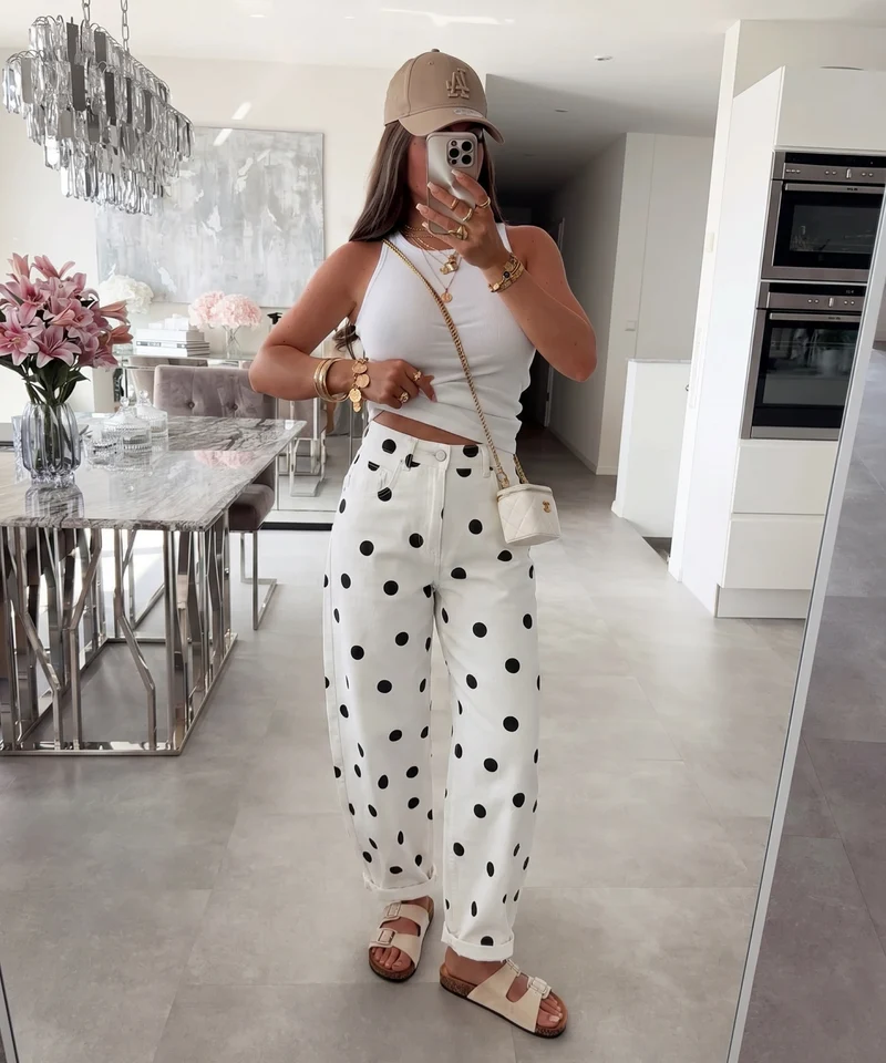 Stretch Balloon Jeans Zita Punkte Weiß