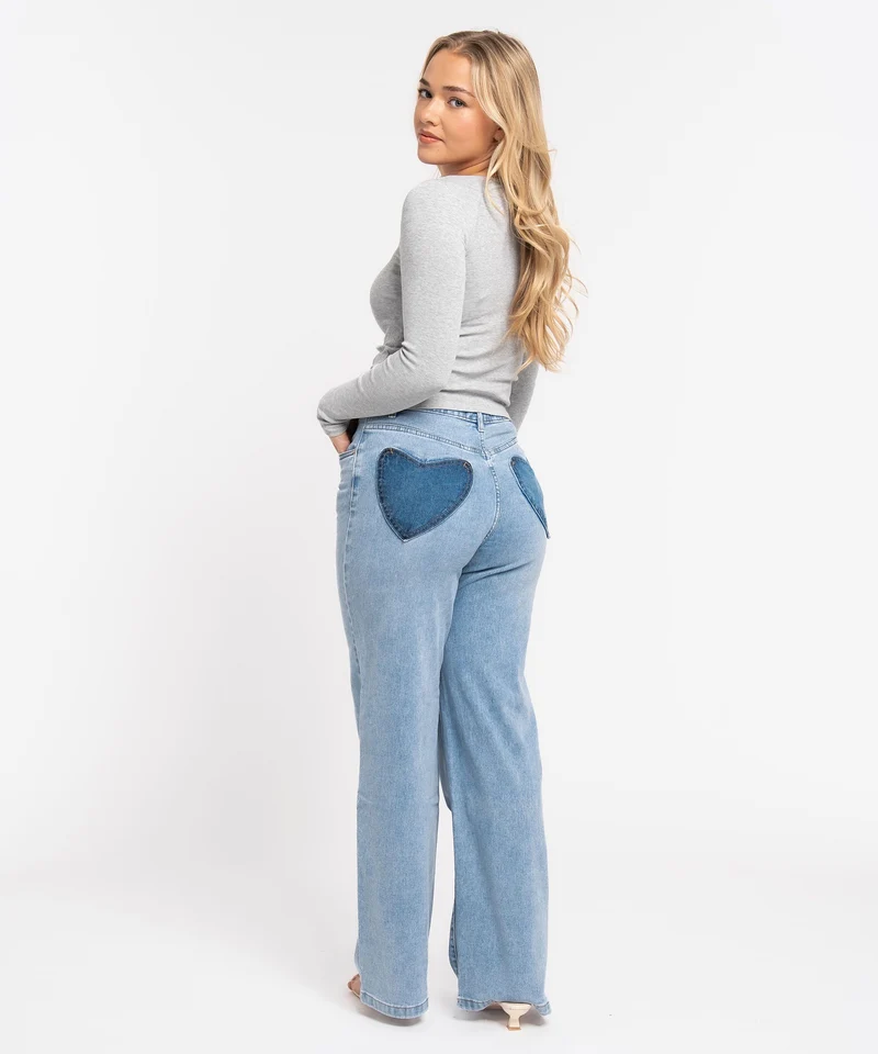 Stretch Straight Leg Jeans Heart Blau