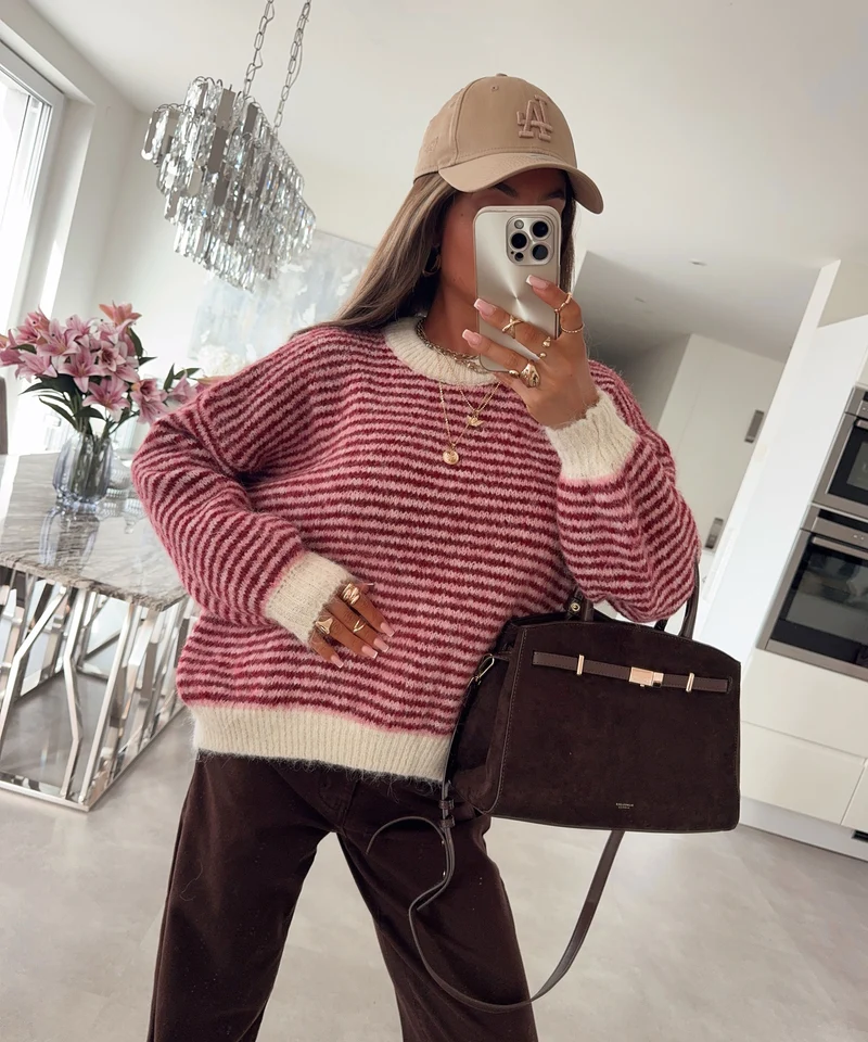 Strickpullover Nero Streifen Weinrot
