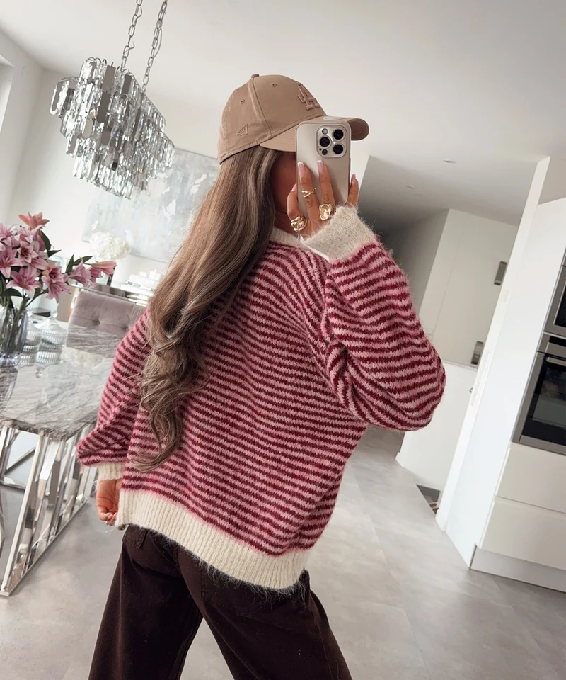 Strickpullover Nero Streifen Weinrot