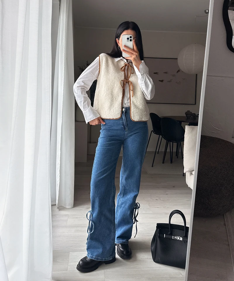 Stretch Wide Leg Jeans Mira Schleife Dunkelblau
