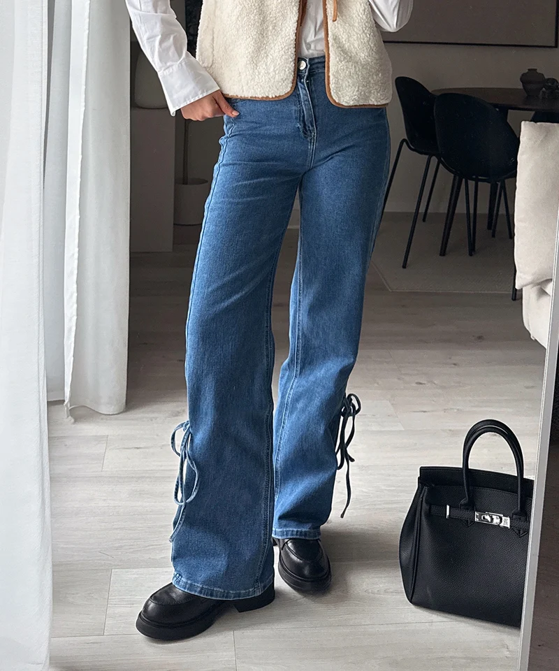 Stretch Wide Leg Jeans Mira Schleife Dunkelblau