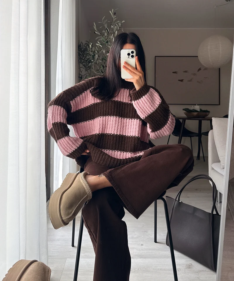 Rollkragen Pullover Tanny Streifen Braun Rosa