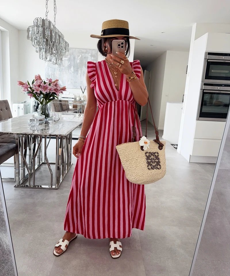 Musselin Kleid Geli Streifen Rot