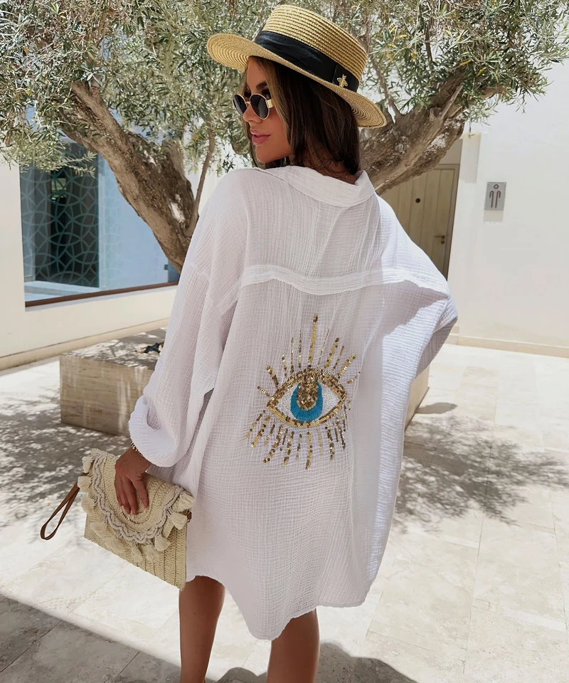 Ultra Oversize Musselin Bluse Glitzer Auge Weiß