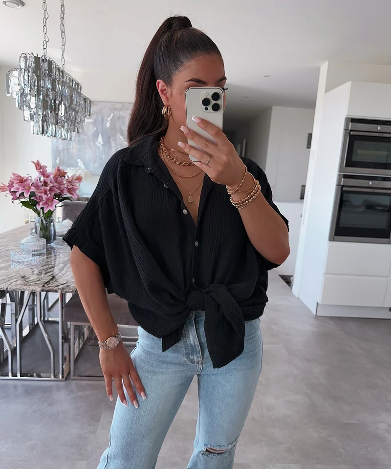 Oversize Musselin Kurzarmhemd Romy Schwarz