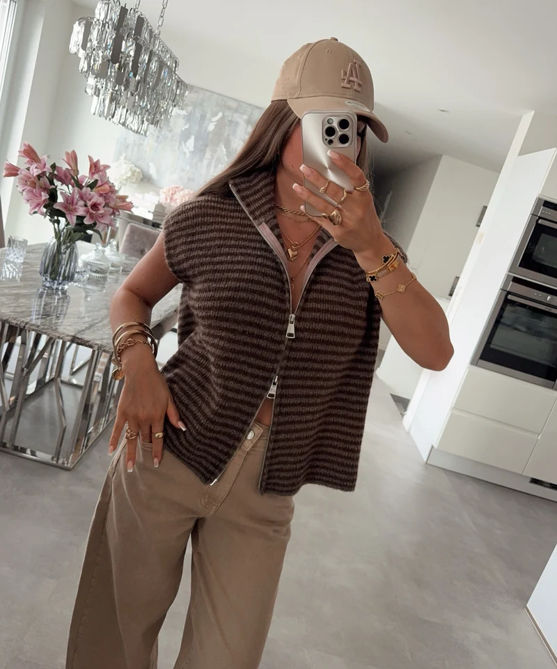 Kurzarm Strickjacke Vania Streifen Braun Taupe