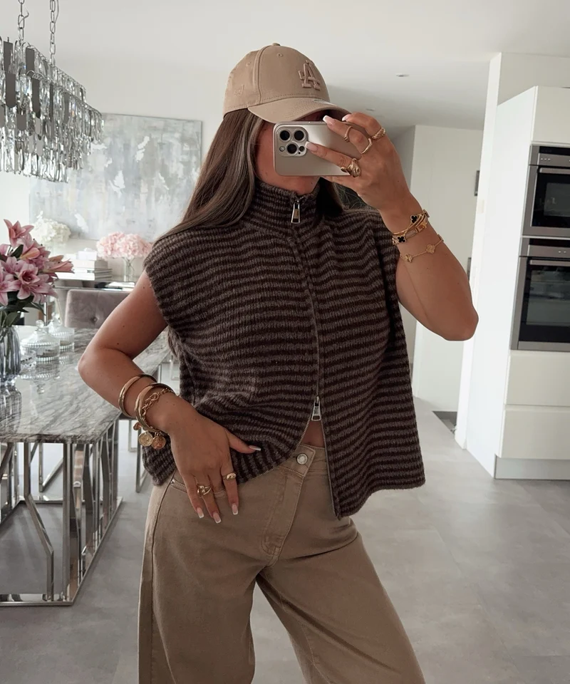 Kurzarm Strickjacke Vania Streifen Braun Taupe