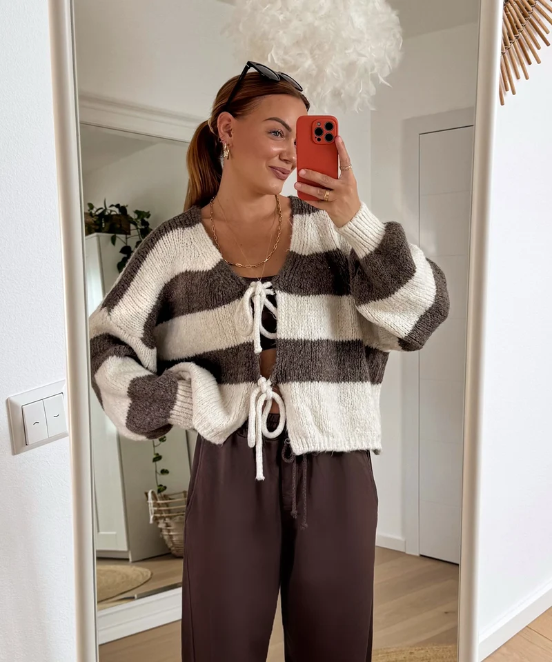 Cardigan Schleife Fia Streifen Beige Braun