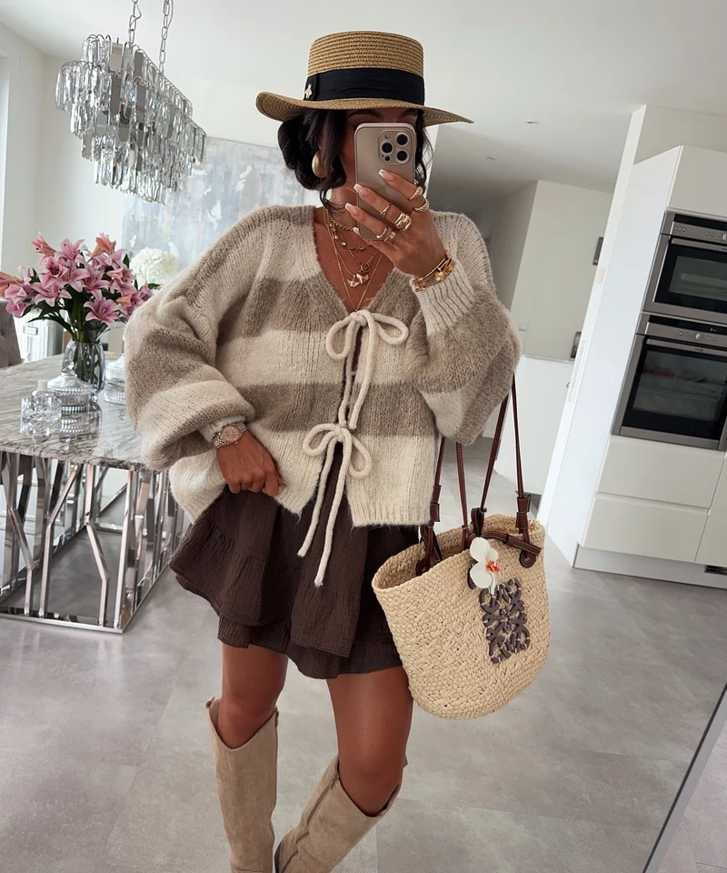 Cardigan Schleife Fia Streifen Beige Taupe
