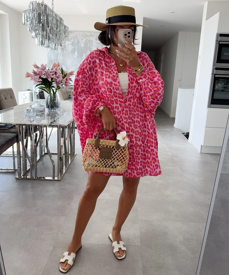 Ultra oversize Musselin Bluse Leo Pink Lang