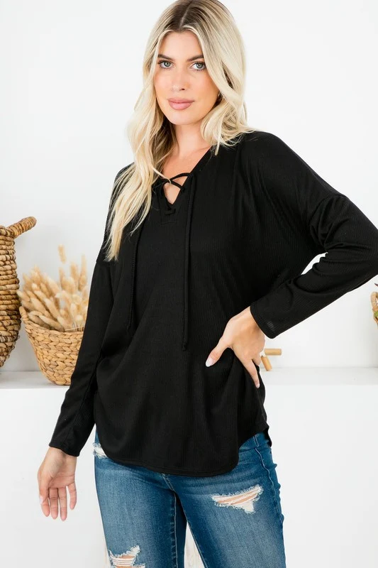 P & Rose Plus Size Ribbed Lace-Up Front Top