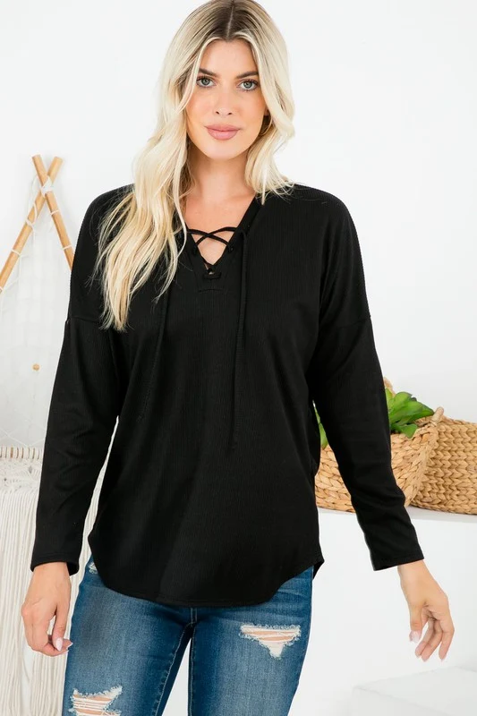 P & Rose Plus Size Ribbed Lace-Up Front Top