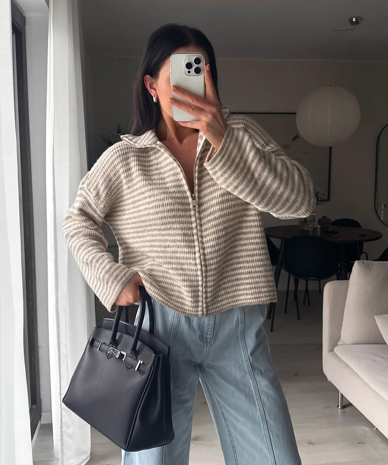 Zip Strickjacke Helena Streifen Taupe