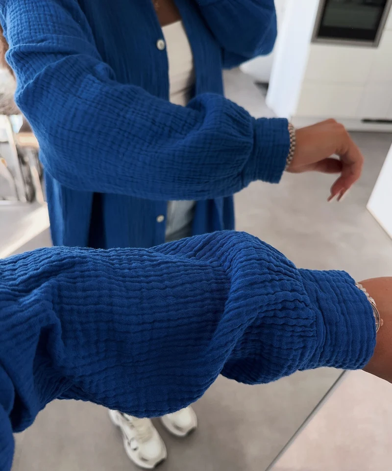 Oversize Musselin Bluse Freya Royalblau Lang