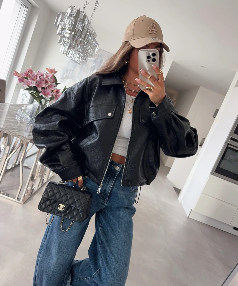Oversize Lederjacke Hana Schwarz