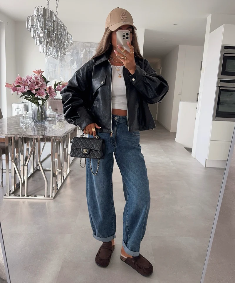 Oversize Lederjacke Hana Schwarz