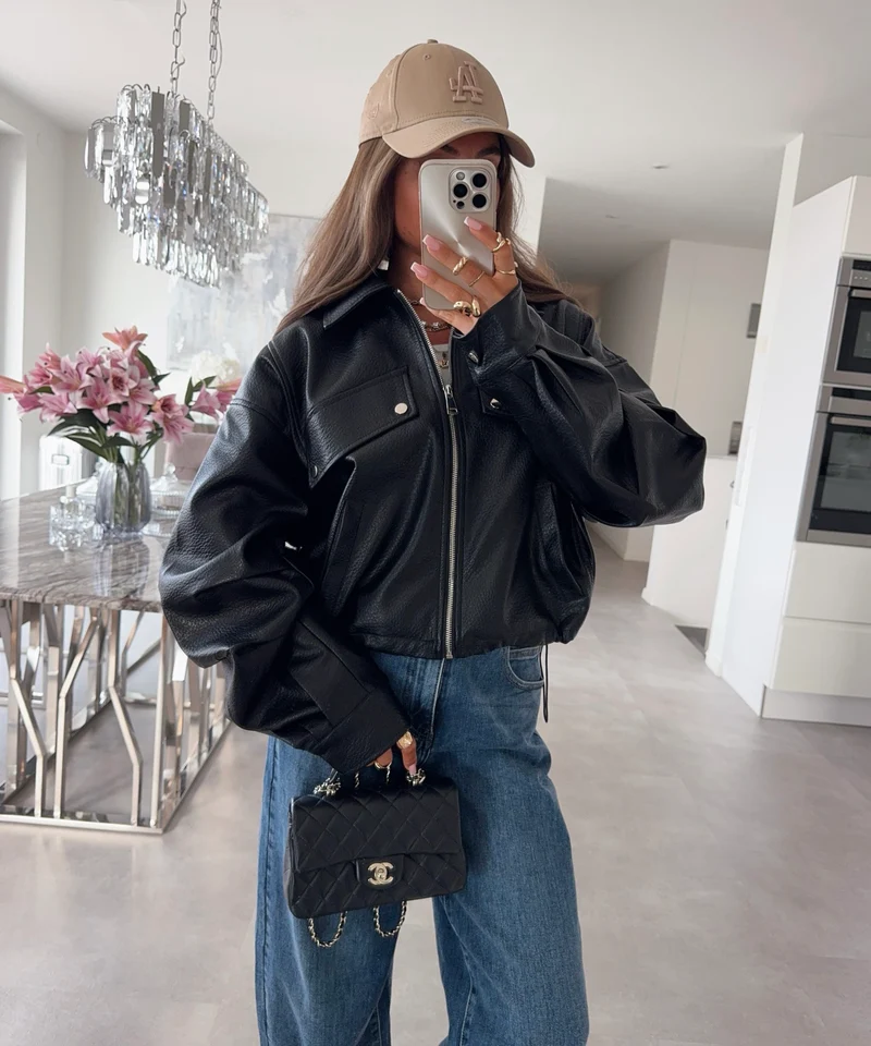 Oversize Lederjacke Hana Schwarz