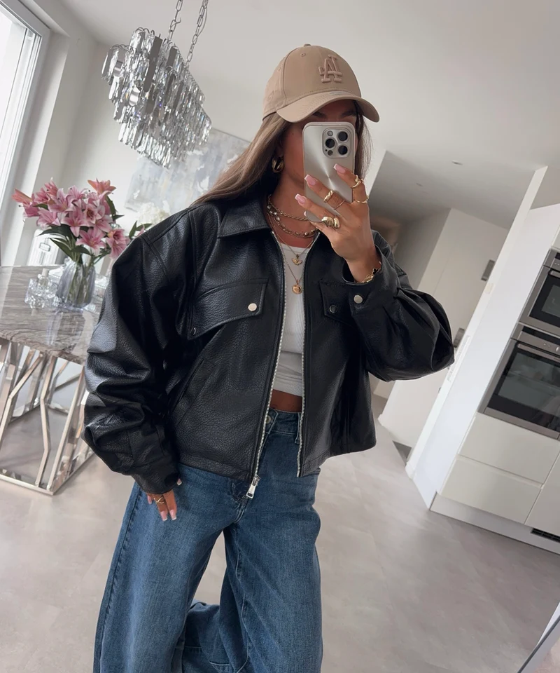 Oversize Lederjacke Hana Schwarz