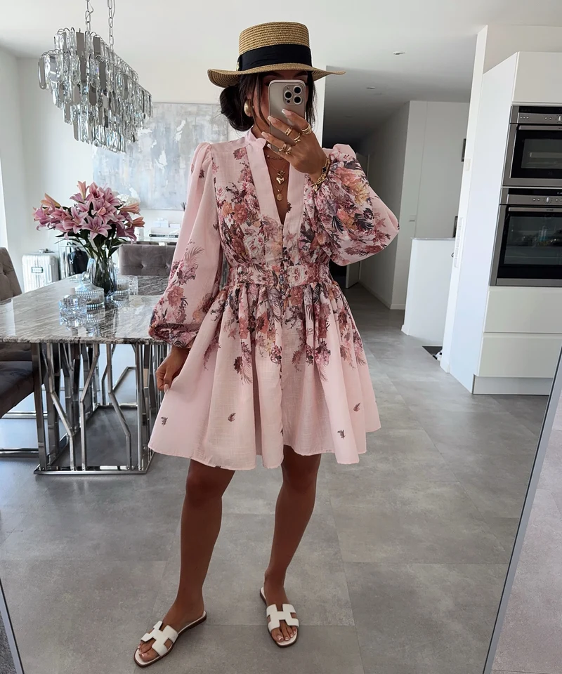 Leinen Baumwoll Kleid Nekia Blume Rosa
