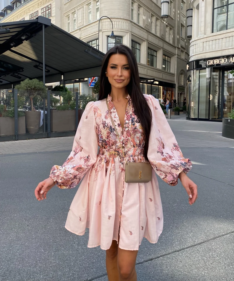 Leinen Baumwoll Kleid Nekia Blume Rosa