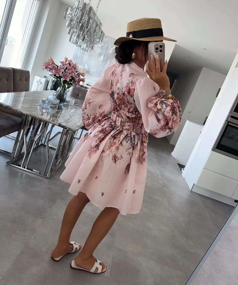 Leinen Baumwoll Kleid Nekia Blume Rosa