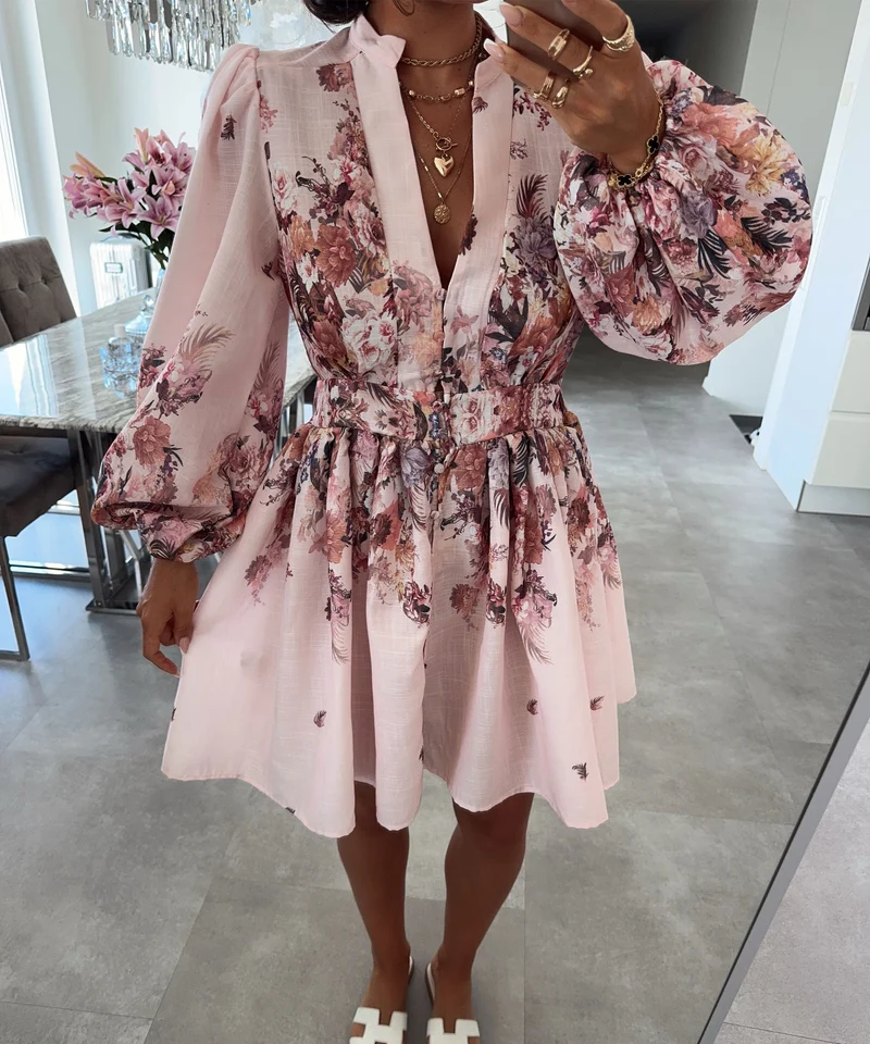 Leinen Baumwoll Kleid Nekia Blume Rosa