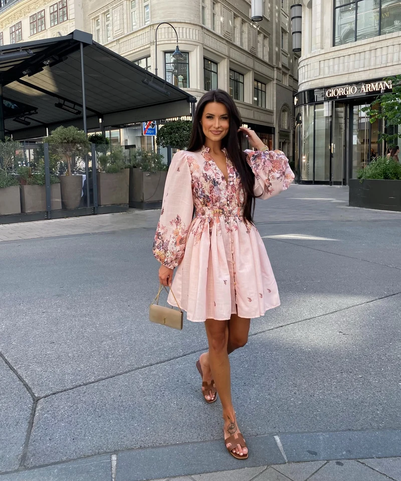 Leinen Baumwoll Kleid Nekia Blume Rosa