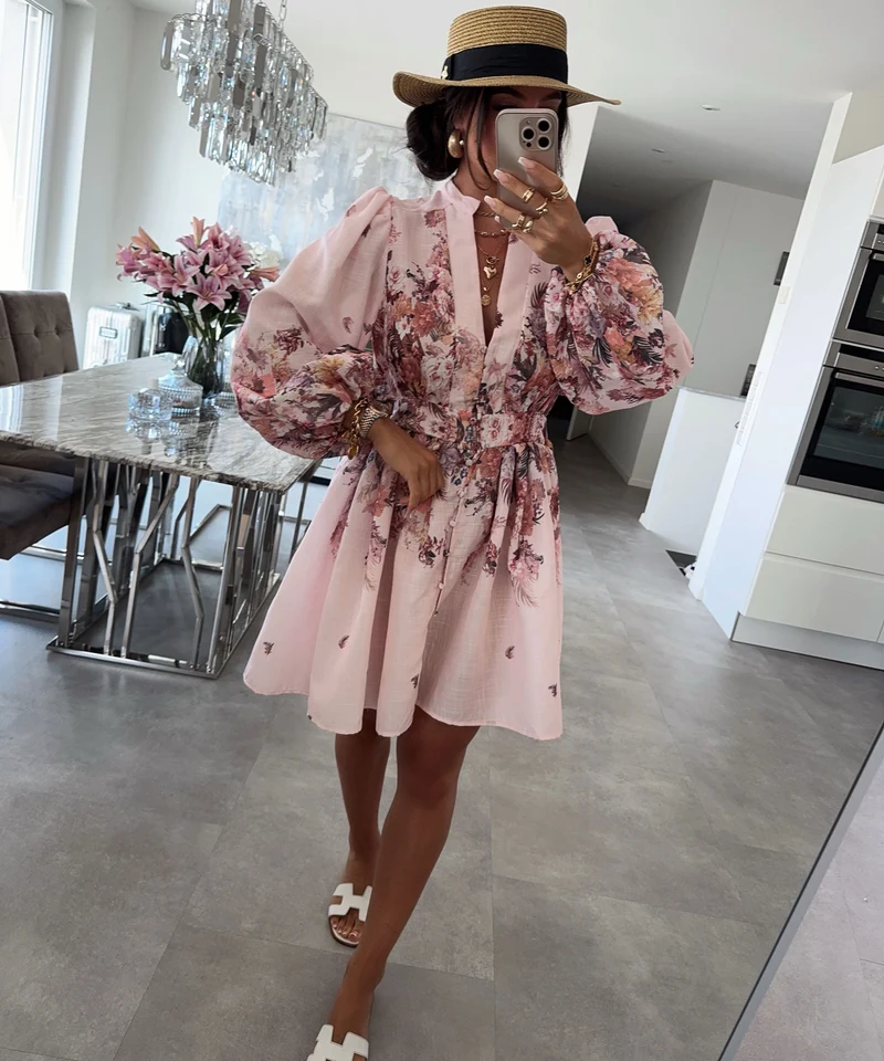 Leinen Baumwoll Kleid Nekia Blume Rosa
