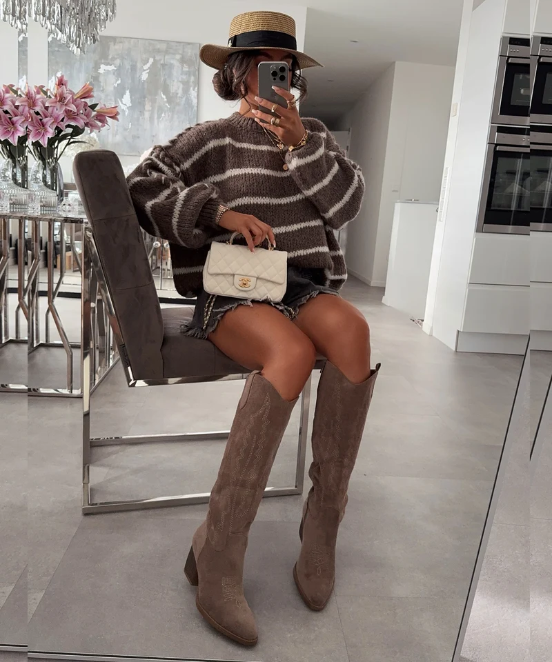 Cowboy Stiefel Selenay Taupe Hoch