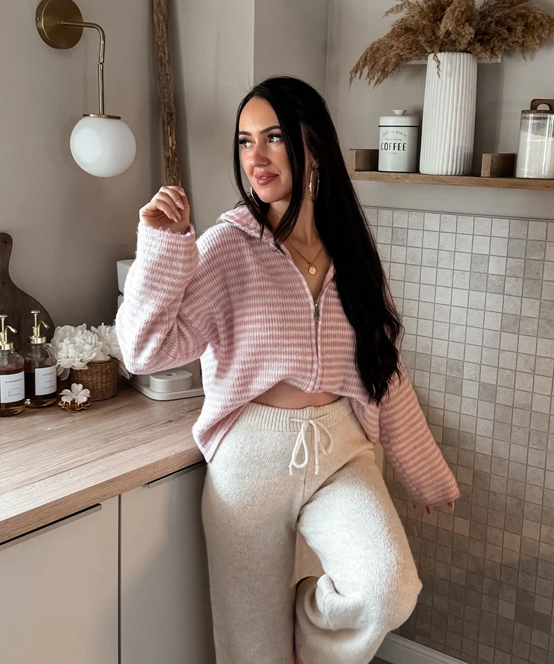 Zip Strickjacke Helena Streifen Rosa