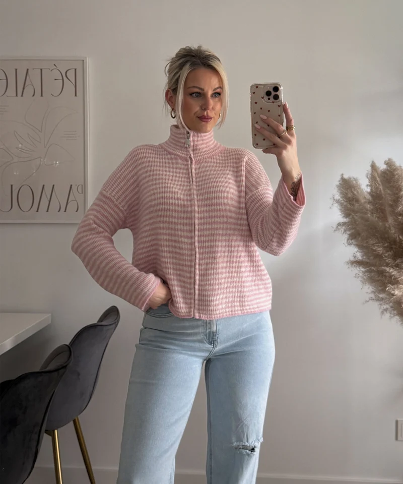 Zip Strickjacke Helena Streifen Rosa
