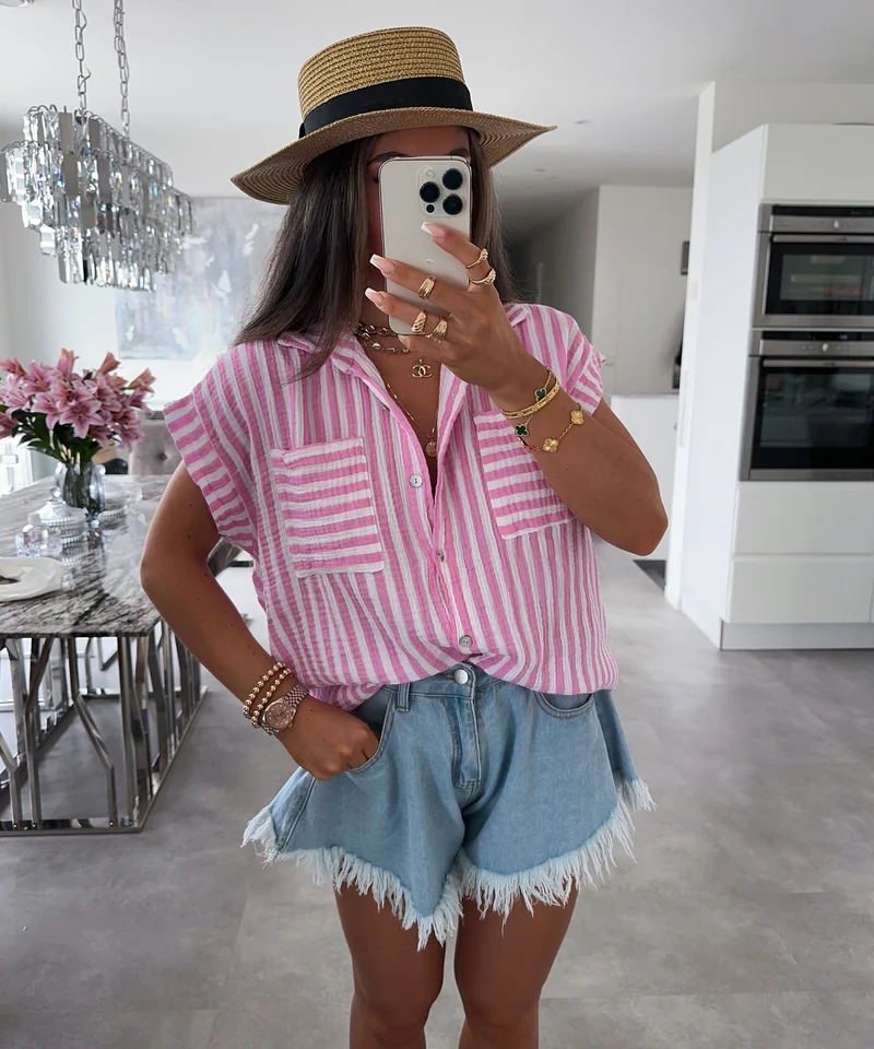Musselin Kurzarm Hemd Elfi Streifen Babypink