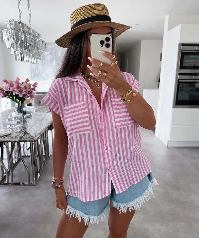 Musselin Kurzarm Hemd Elfi Streifen Babypink