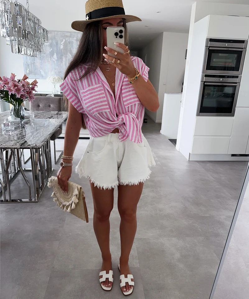 Musselin Kurzarm Hemd Elfi Streifen Babypink