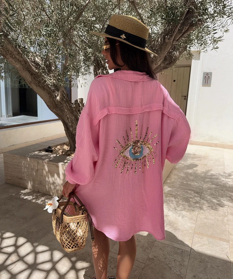 Ultra Oversize Musselin Bluse Glitzer Auge Hellpink