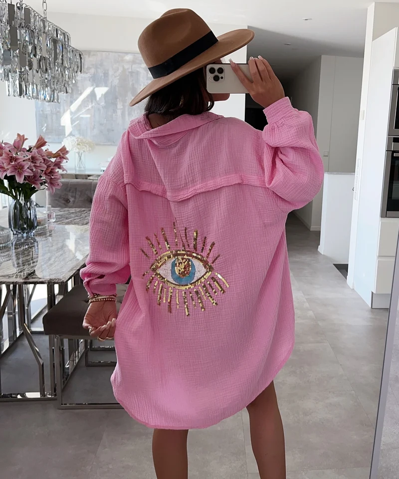 Ultra Oversize Musselin Bluse Glitzer Auge Hellpink