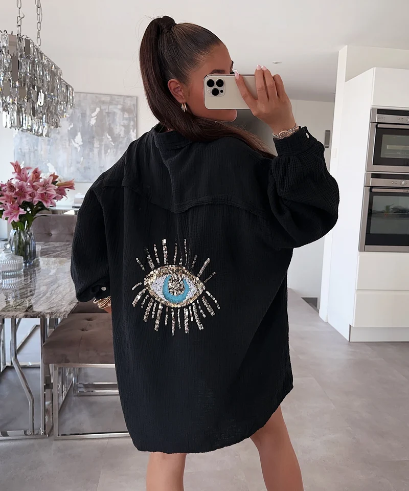 Ultra Oversize Musselin Bluse Glitzer Auge Schwarz