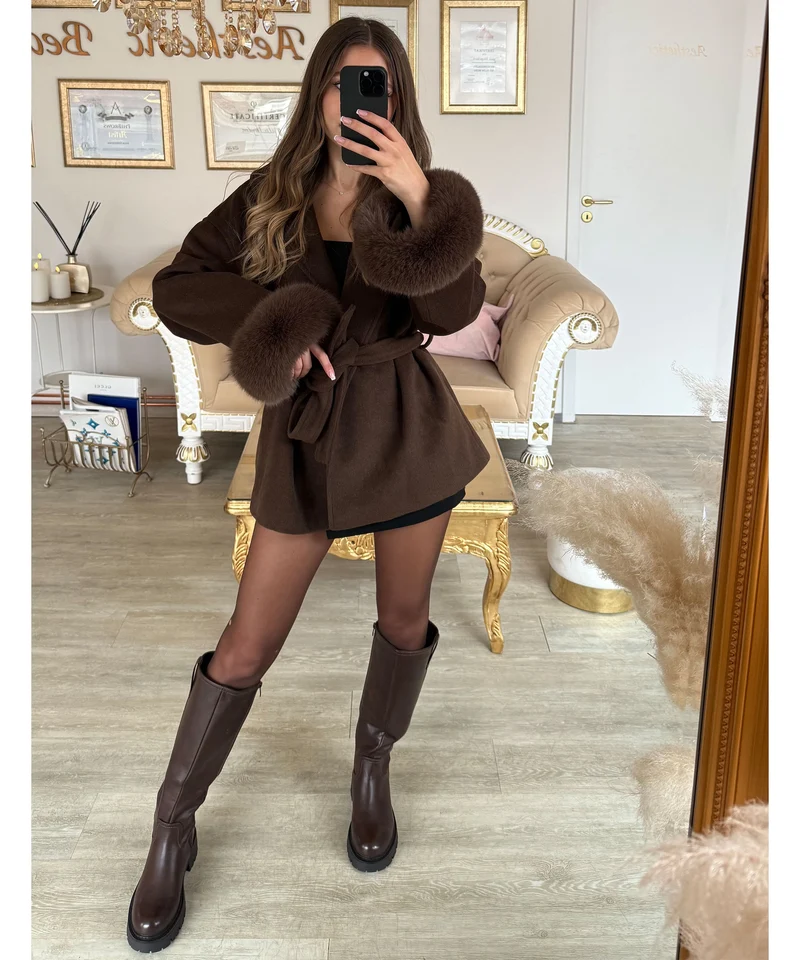 Jacke mit Felldetails Loona Dunkelbraun