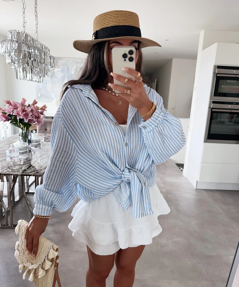 Musselin Bluse Laya Streifen Hellblau