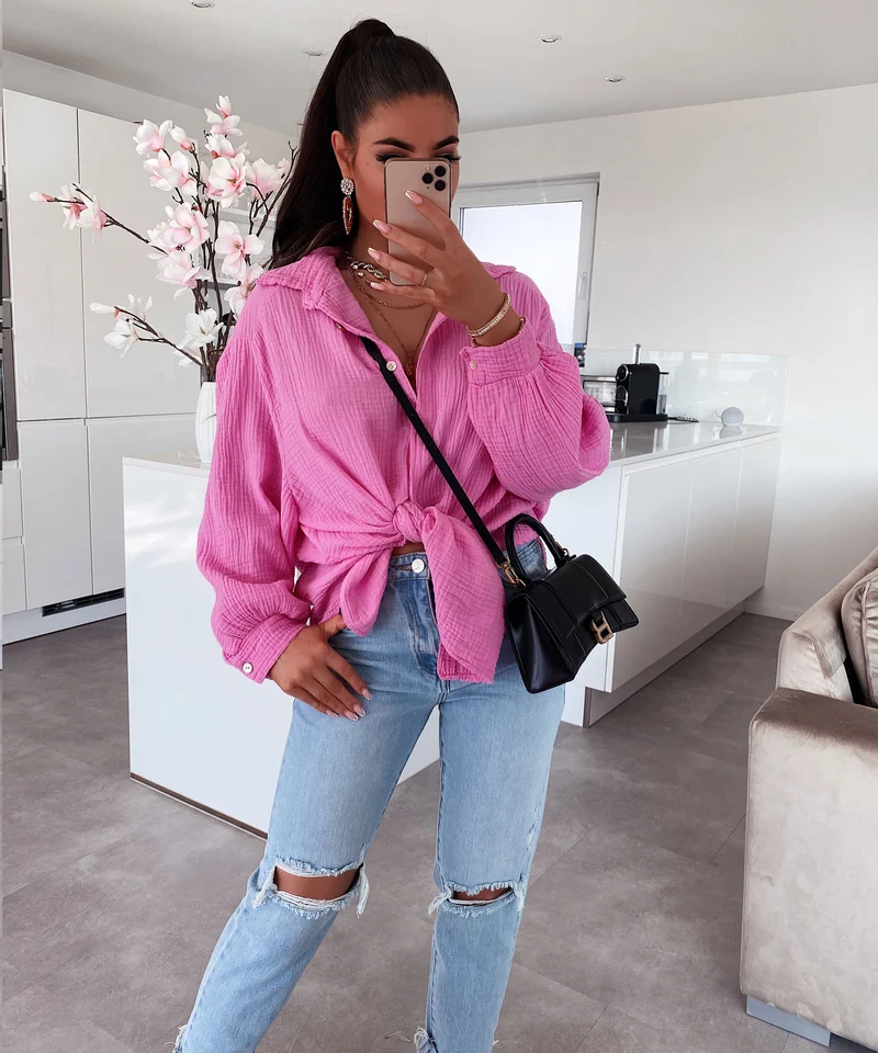 Oversize Musselin Bluse Freya Hellpink Kurz