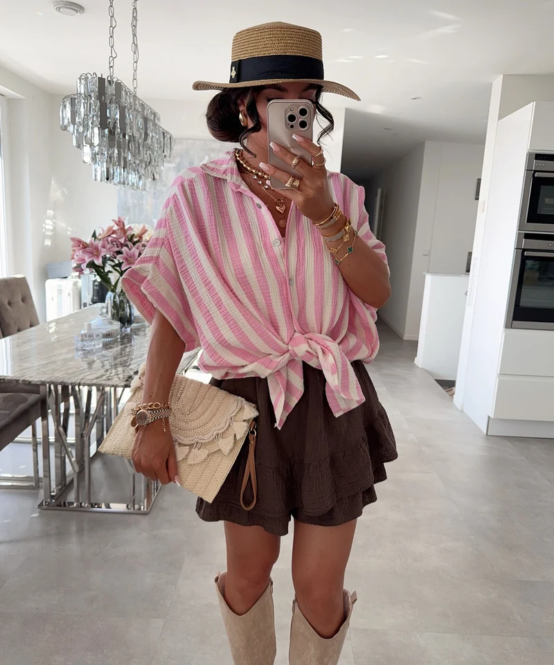Oversize Musselin Kurzarmhemd Mala Streifen Hellpink