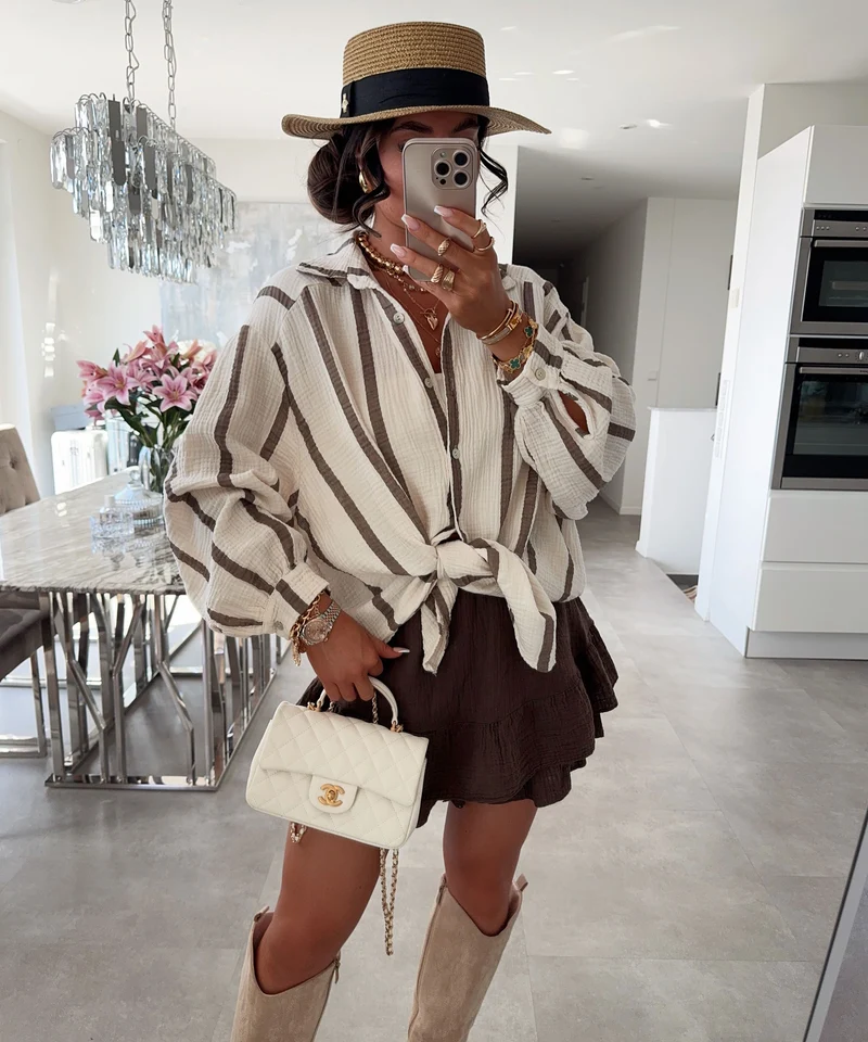 Musselin Bluse Lima Streifen Taupe