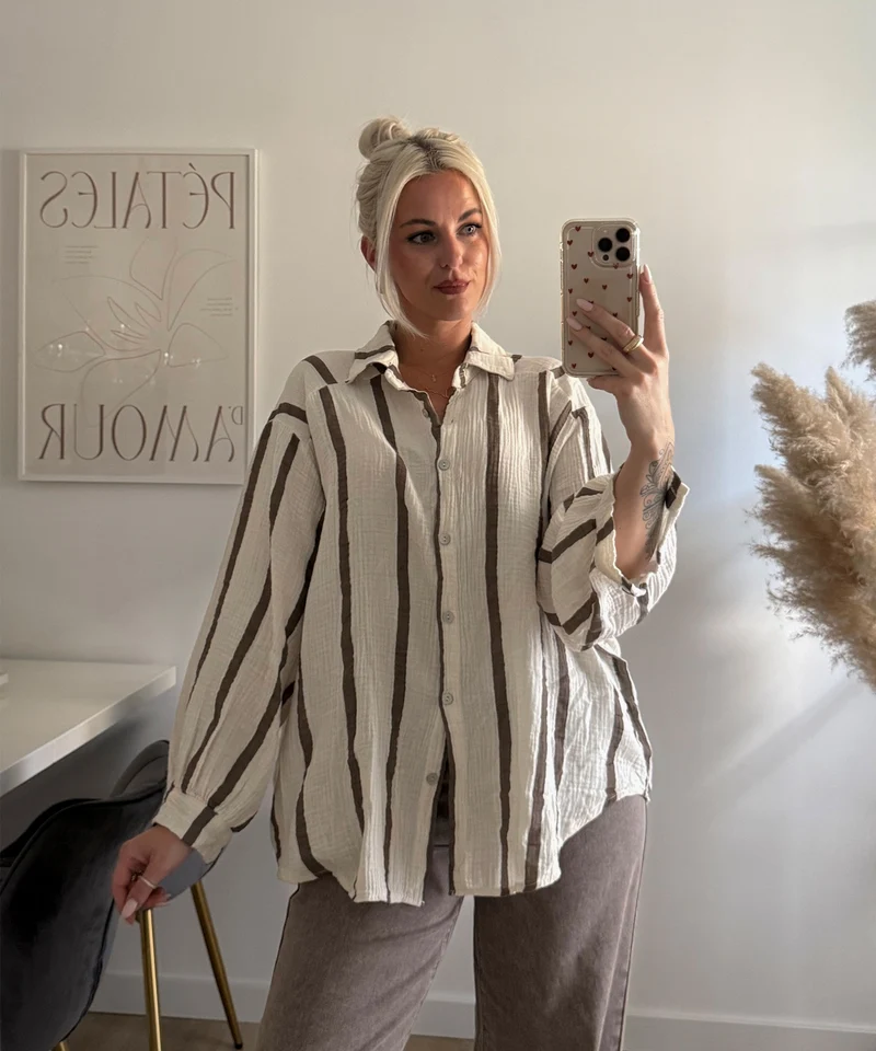 Musselin Bluse Lima Streifen Taupe