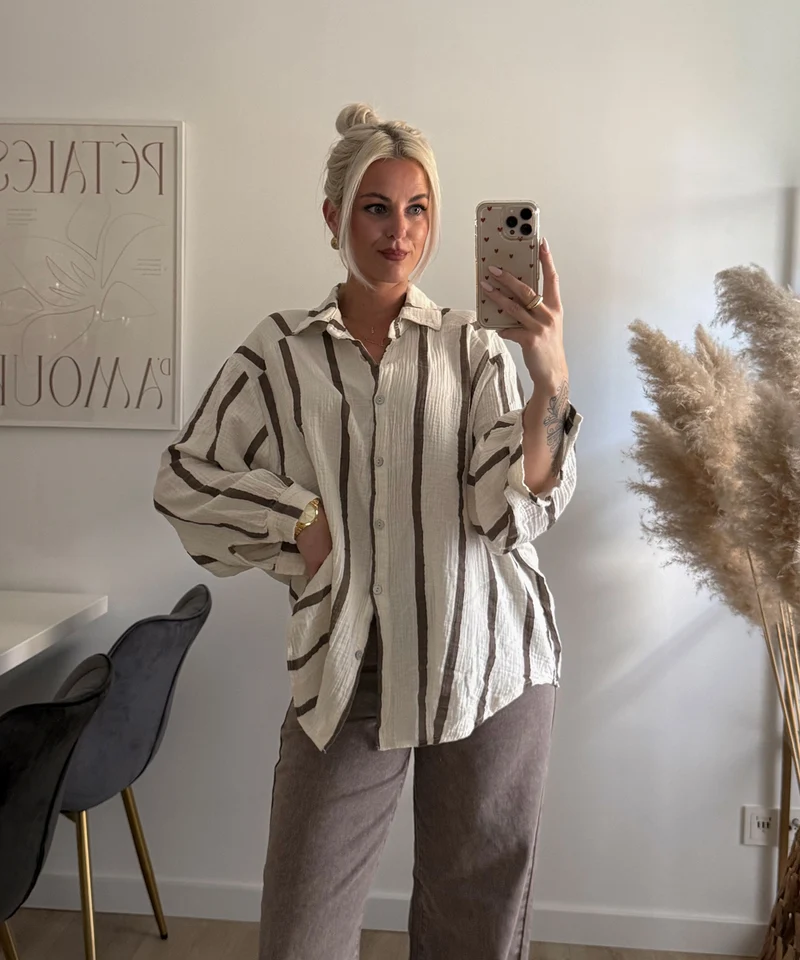 Musselin Bluse Lima Streifen Taupe